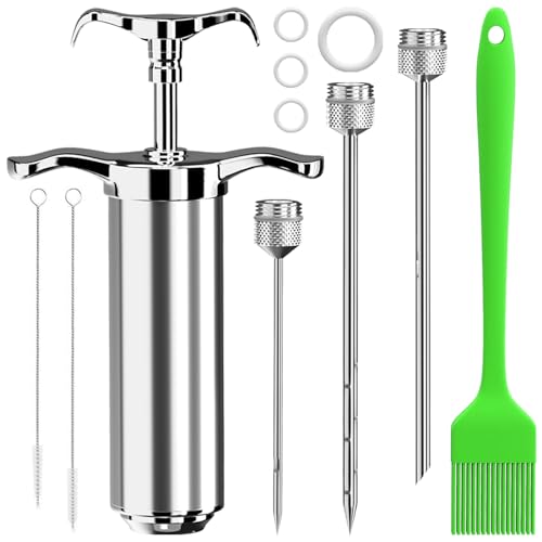 Fleischspritze Marinadenspritze,BBQ Bratenspritze 60ml mit 3 Nadeln,304 Edelstahl-Gewürzspritze,Pökelspritze,Marinierspritze Bratenspritze Set,für Rind,Huhn,Gebäck mit Marmelade zu befüllen (Silber)