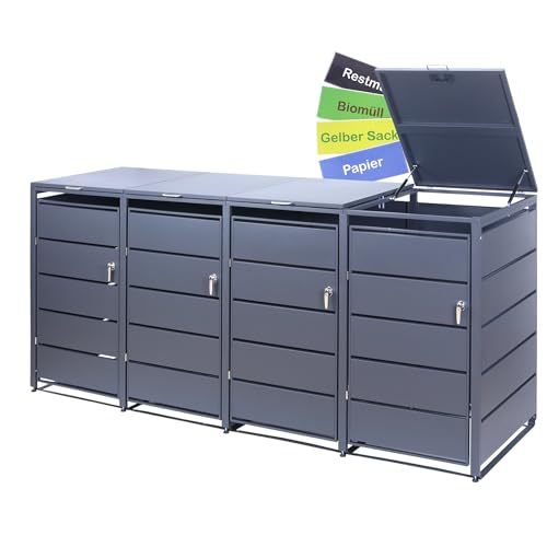 Albatros Mülltonnenbox 4er Tonne | bis 240 Liter | Anthrazitgrau RAL 7016 | verzinkter Stahl | Premium Dämpfer| Aufkleber-Set | wetterfest| verstellbare Füße| Türgriff mit Schloss | Gartenbox