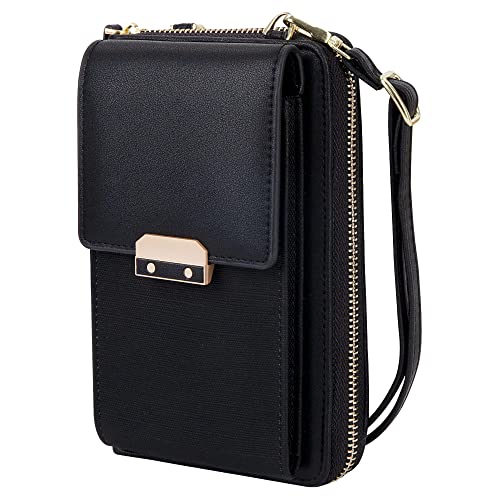 QH-Shop Damen Handy-Umhängetasche Pu Leder Mädchen Kleine Crossbody Tasche Grosse Kapazität Viele Fächer Handy Schultertasche mit Verstellbar Abnehmbar Schultergurt Schwarz