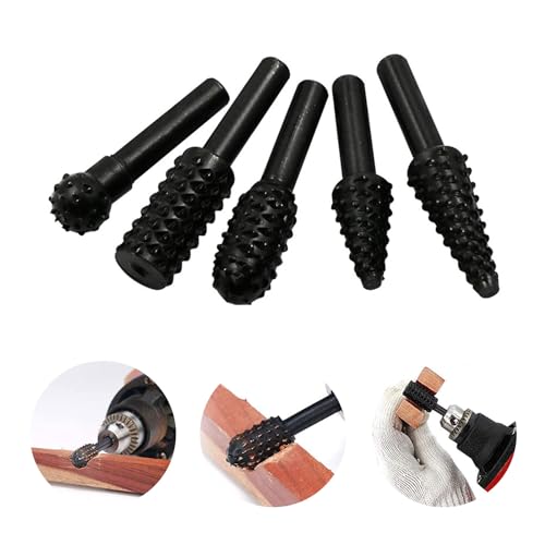 JDCMEI 5 Stück Holzraspel Raspel, Schwarze Holzbearbeitungs Rotationsfeile Holzschleifen Gravieren Schnitzfeile Raspel Bohrer Rotary Bohrer Grate Schaft Bit Set für Schleifen, Gravieren, Polieren