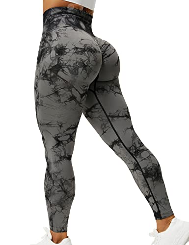 ZAAYO Sport Leggings für Damen Tie Dye Scrunch Butt Fit Seamless Yoga Pants Fitness Gym Workout Schwarzgrau L