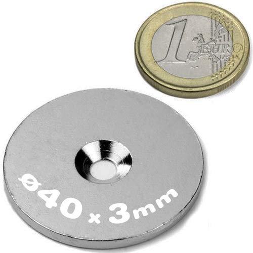 10 Metallscheiben rund mit Loch (Senkbohrung) - Ø40 x 3mm - aus Stahl (DC01) verzinkt - Metallplättchen rund mit Bohrung und Senkung (Senkbohrung) - Gegenstück/Haftgrund für Magnete (ferromagnetisch), Menge: 10 Stück