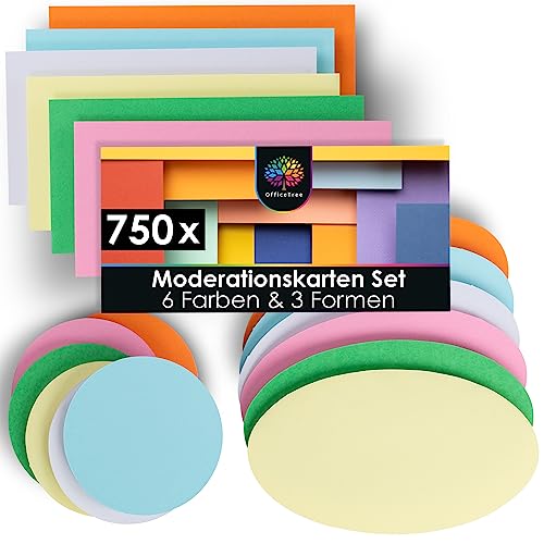 OfficeTree 750x Moderationskarten Set Bunt - Rund, Oval & Rechteckig - Metaplankarten - Präsentationskarten in 6 Farben Sortiert - Moderationsset als Seminar Zubehör für Präsentation und Vortrag