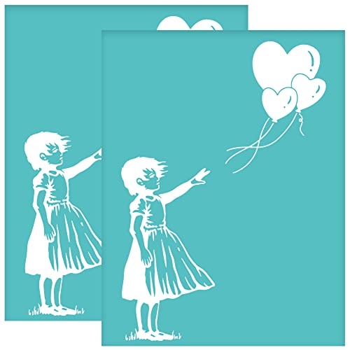 OLYCRAFT 2 Stück 22x28 cm Banksy Selbstklebende Siebdruckschablone Banksy Ballon Mädchen Siebdruckschablone Herzballon Wiederverwendbare Netzschablonen Transfer Für DIY T Shirt Stoffmalerei