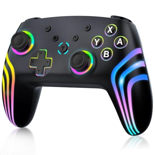 Wireless Controller für Switch/Lite/OLED Konsole, Switch Pro Controller mit Farbwechselnde RGB-Beleuchtung/Dual Vibration/6 Achsen Gyroskop/Turbo/Aufwachen, Ergonomisch Gestalteter Präzise Joystick