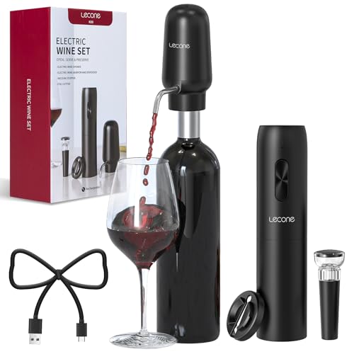 Lecone Elektrisches Weinöffner-Set 4-in-1-Weinset mit Wiederaufladbarem Korkenzieher, Wiederaufladbarem Weinbelüfter, Folienschneider und Vakuum-Weinstopfen, Geschenkset für Weinliebhaber, Schwarz