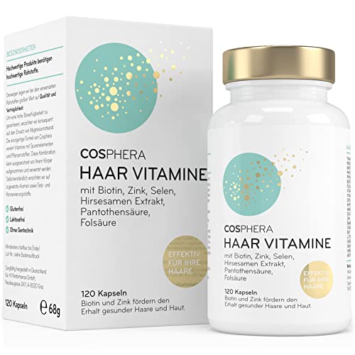 Cosphera Haar-Vitamine - Hochdosiert mit Biotin, Selen und Zink als Beitrag zum Erhalt normaler Haare. Plus Folsäure & Hirse Samen Extrakt (reich an Silizium) - 120 vegane Kapseln im 2 Monatsvorrat.