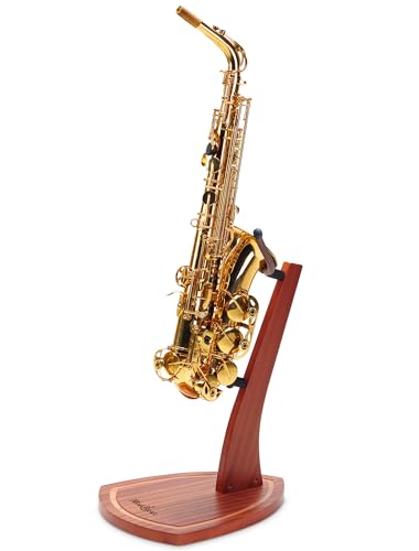 Musbeat Saxophonständer, Saxophonständer für Altsaxophon und Tenorsaxophon, Mahagoni Hartholz Altsaxophonständer mit weichen Silikon-Jochen, handgefertigter Tenorsaxophonständer aus Holz für
