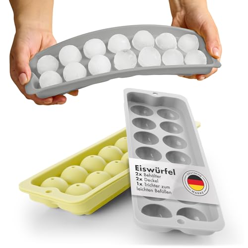 Blumtal Silikon Eiskugelform 2x14er + Trichter&Deckel Eiswürfel Rund Ø 3cm - Runde Eiswürfelform 2x - BPA freie Silikonform Eiswürfel rund - Ice Ball Maker - Runde Eiswürfel - Ultimate Grey & Yellow