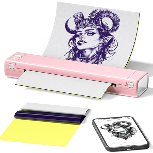 Itari M08F Tattoo Drucker, Thermodrucker Tattoo für A4 Papier mit 10pcs Tattoo Papier, Tattoo Printer Tattoo Stencil Drucker Bluetooth mit IPad & Phone & PC, Rosa