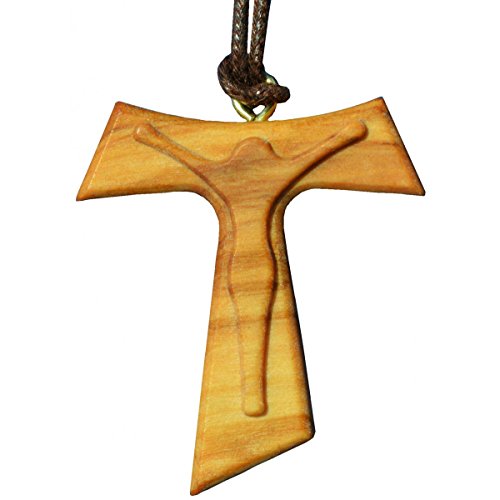 Junker Kirchenbedarf Olivenholz-Kreuz am Band 4cm - Tau Kreuz Anhänger mit Korpus Holz geschnitzt - Kommunion Konfirmation Anhänger