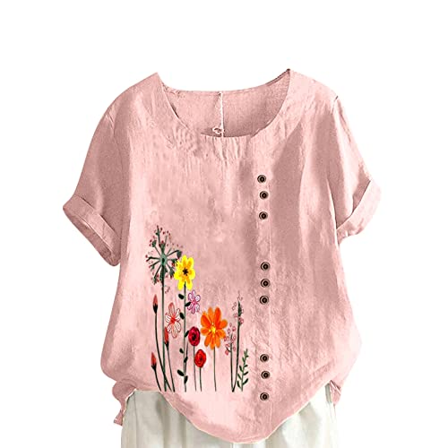 KOG Outlet Amazon - Damen Shirts Elegant Leinenbluse Tuniken Sommer Kurzarm Hemd Frau T-Shirts Lose Mode Motiv Sweatshirt Frauen Eckiger Ausschnitt Vintage Tshirt Outlet Angebote Rosa L