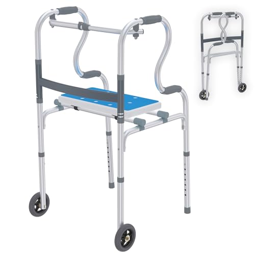 YRHome Gehhilfe für Senioren mit 2 Lenkrollen Gehbock Klappbarer für Erwachsene Stabil 8 Gang HöHenverstellung Gehhilfen aus Aluminium Bis 180 kg Gehgestell mit Abnehmbarem Sitz & Anti-Rutsch-Matte