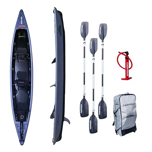 CARPTOUR Kajak Aufblasbar | Drop Stitch Kajak mit Paddel und 3 Sitze | Kayak inkl. Luftpumpe | Aufblasbares Kajak mit praktischer Tragetasche | Paddelboot Grau