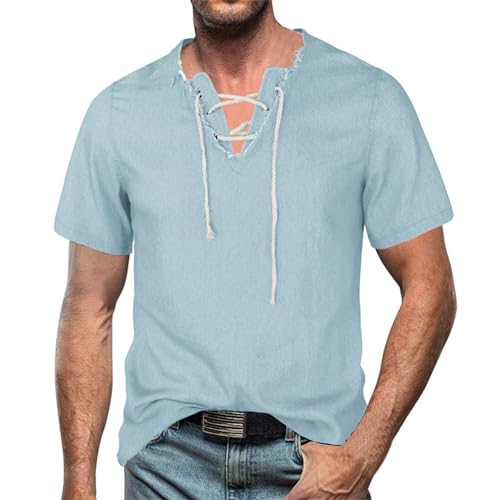 Caxndycing Herren Jeanshemd mit Schnürung V-Ausschnitt Schnürshirts Strand Sommerhemd Vintage Männer Oberteile Stylisch T Shirt Herren Kurzarm Sommer Tops