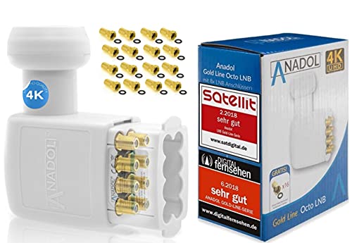 [ Test 2X SEHR GUT ] Anadol Gold Line OCTO LNB für 8 Teilnehmer 0.1dB - für Direkt Anschluss - 8fach 8-Fach Full HD TV 4K LNC + Kontakte vergoldet + Wetterschutz im Set mit 16 F-Stecker vergoldet