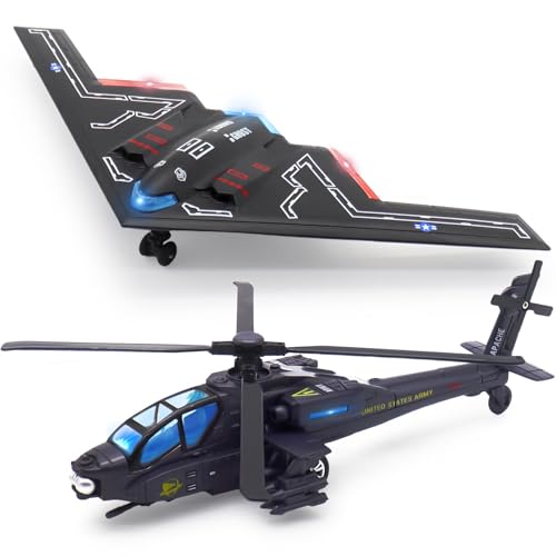 fisca Doppeltes Metall-Armee-Kampfflugzeug und Hubschrauber-Flugzeug-Spielzeugmodell mit Licht und Ton, Geburtstagsgeschenk für Kinder (B2 Schwarz+B2 Dunkelblau)