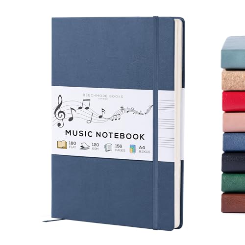 Beechmore Books Notenpapier Buch - A4, Blau I Premium Notenbuch mit 10 Notenzeilen, Veganes Leder Hardcover, 120gsm Papier, Professionelle Notenmappe, Geschenkbox, für Musiker, Studenten & Songwriter