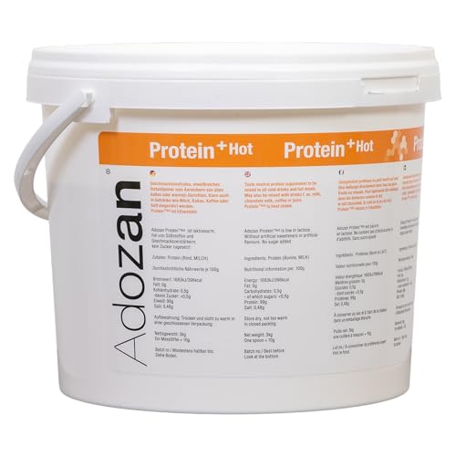 Adozan Protein +Hot | Protein Pulver Hitzebeständig bis 100°C | Eiweißpulver Ohne Zucker, Fett & Geschmack | Leicht Löslich, Geschmacksneutral Eiweiß für Speisen, Backen, Kochen, Getränke | 3kg