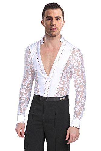 BOZEVON Herren Klassiker Latein Tanz Hemd Anzug Kostüme Performance Tanzen Spitze Hemd & Hose Jazz Outfits, Weiß(Hemd), Tag 4XL = EU 3XL