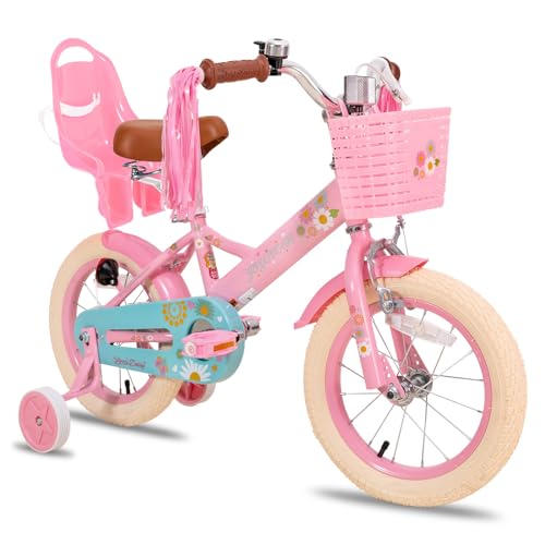 JOYSTAR Little Daisy 12 Zoll Kinderfahrrad für 2-4 Jahre Mädchen, Kleinkind Fahrrad Mit Stützrädern, Prinzessin-Stil Mit Korb und Luftschlangen, Rosa
