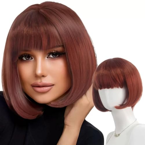 Jidyllic Brown Kurzes braunes Haar für Frauen,Perücke Kurze Gerade Perücke Aussehende Perücke mit Pony Perücken Kurzhaarperücke Damen für Karneval Cosplay Party