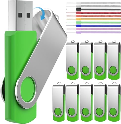 FEBNISCTE USB Stick 512MB 10 Stück USB Flash Laufwerke Einklappbarer Speicherstick 512 MB Grün Kleine Kapazität Memory Sticks Metall Pendrive Datenspeicher mit Seil Geschäftskunden