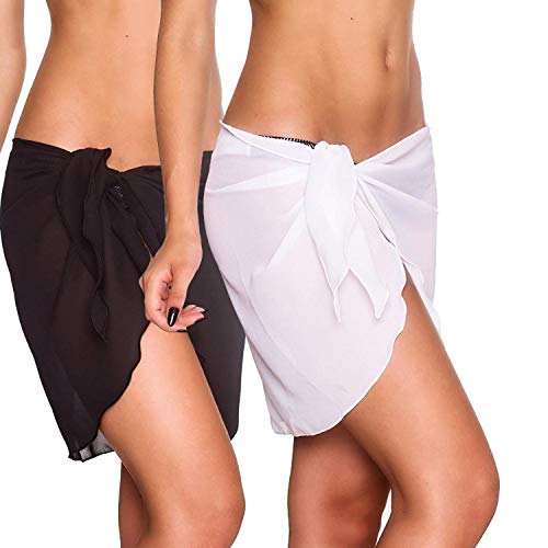 2 Stück Wickeltuch Strand Damen Strandkleid, Bikini Rock Sarong Chiffon Badeanzug Wrap Strandtuch Weiß Schwarz, Kurz Bikini Cover up mit extra Gürtel für Urlaub Sexy Strandkleider Tücher Wickelrock