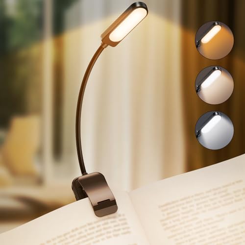 GARITE Leselampe Buch Klemme, 10 LED Buchlampe mit Stufenloser Dimmung, 3 Farbmodi (Warm/Kühl/Weiß), USB Wiederaufladbare Klemmlampe, 360° Faltbare für Nachtlesen, Bett, Büro, Reisen