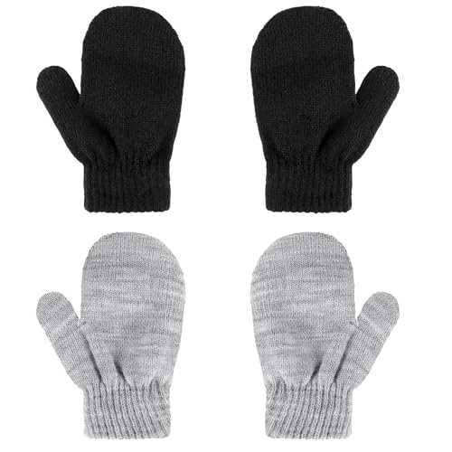 WLLHYF 2 Paar Kinder Fäustlinge Winter Warm Elastisch Keine Kratzer Weiche Handschuhe Atmungsaktive Kleinkind-Fäustlinge für Jungen, Mädchen (Schwarz + Grau)