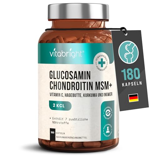 Glucosamin Chondroitin Hochdosiert 2127mg,180 Glucosamin Kapseln, Glucosamin Chondroitin MSM Kurkuma Ingwer Hagebutte, Glucosamin Pulver Kapseln, VitaBright Glucosamin