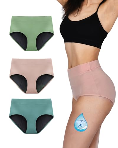 TIICHOO High Waist Perioden Unterwäsche Starke Blutung Wochenbett Schwangerschaft Unterhosen Periodenslip 3er Pack (48, Matcha Grün/Türkis Grün/Roségold)