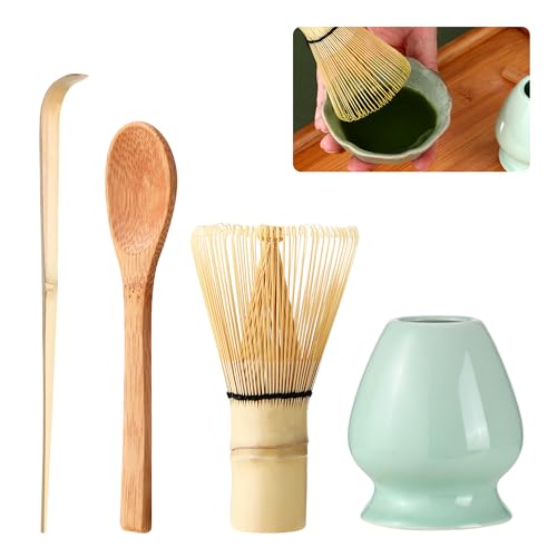 4 Stück Matcha Besen Set,Matcha Schneebesen Set,Traditionell Japanische Teezeremonie,Grüner Tee Pulver Set,für Zuhause, Büro und Teestube (Grün)