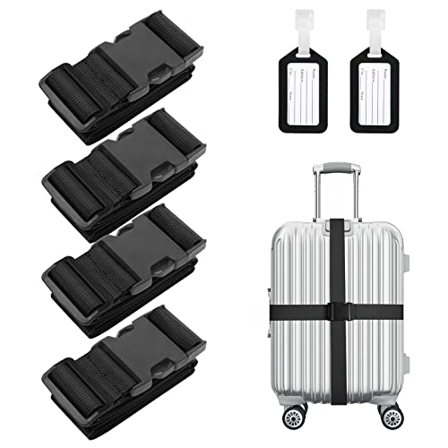 Flintronic 4-Stück Premium Gepäckgurt Koffergurt Kofferband Einstellbare rutschfest Gepäckband Lang kofferbänder Luggage Strap + 2 Stück Kofferanhänger Sicher Reisen für Koffer - Schwarz