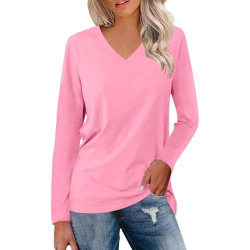Langarmshirt Damen Elegant - V-Ausschnitt Oberteile Sommer Einfarbig Longshirt Basic Tunika Langärmelig Lässig Einfarbig Tunika Tops Bluse Basic T-Shirts Longshirt Longsleeve Longtops Longpullover