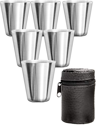 Outdoor Saxx® Edelstahl-Becher Set, 6 unzerbrechliche Schnaps-Becher, Schnaps-Gläser aus Metall, Metall-Becher mit Leder-Tasche, ideales Flachmann-Zubehör