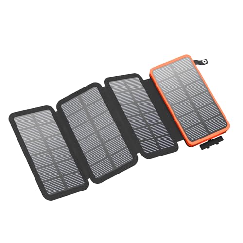 FEELLE Solar Powerbank 25000mAh, Solar Ladegerät mit Dual 3,0A USB-Ausgang & 4 Faltbaren Solarpanel Externes Akkupack Power Bank für Smartphone, Tablet, Campen und mehr (Orange)