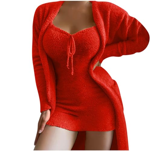 Damen Winter Plüsch Casual Sportswear Solid Lange Ärmel 2-teiliges Outfit Rock Anzug Set Frauen Boho Kleid Elegant Warm VliesJogginganzug Elastische Bodycon 2 Stück Set Pulloverkleid Frauen Pullover