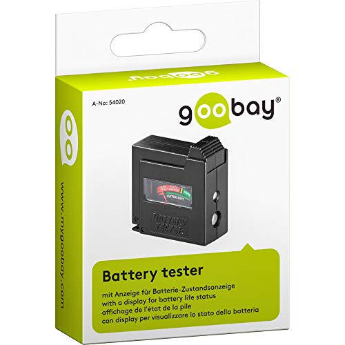 Goobay 54020 Batterietester für alle Batterien & Akkus Batterietester für AAA, AA, C, 9V, D, N & 1,5V Knopfzelle Batterieprüfgerät mit Display Schwarz