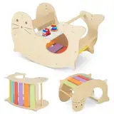 COSTWAY Kletterbogen, Klettergerüst Indoor für Kinder ab 1 Jahre, 3 in 1 Holz Kletterdreieck & Schaukelpferd & Kindertisch, multifunktionaler Indoor Spielplatz