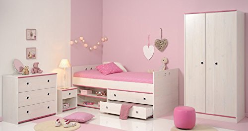 trend-moebel KINDERZIMMER 4-TLG.-Set Komplettset KLEIDERSCHRANK 2-TRG. Bett 90x200 cm KOMMODE DREHBARE Kanten PINK/BLAU NEU