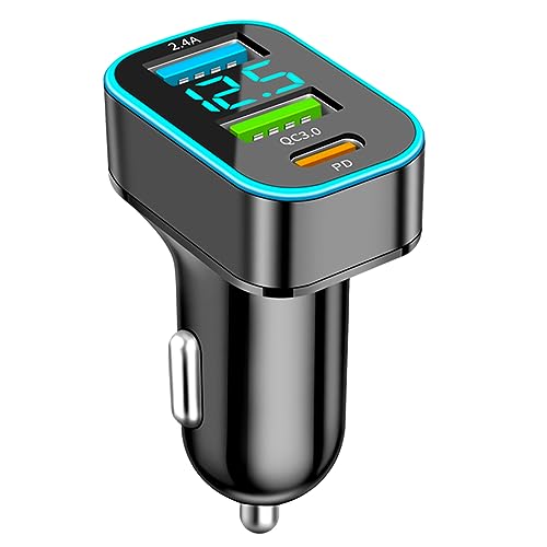 3-Port USB Auto C Ladegerät, 66W Zigarettenanzünder Schnellladegerät Adapter, QC3.0+PD+2.4A USB mit LED Voltmeter mit iOS, Android, Samsung, Tablet und Allen Smartphones