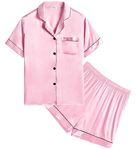 SWOMOG Schlafanzug Mädchen Kurz Kinder Satin Pyjama mit Knopfleiste Jungen Seiden Nachtwäsche Zweiteiliger Pjs Sets Geschenke