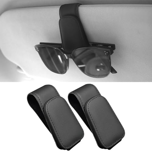 Anwlki Brillenhalt Brillenhalter für Auto Sonnenblende 2 Packungen Magnetisch Leder Sonnenbrillenhalter Auto Brillenhalterung Ticket-Karten-Clip (Schwarz)