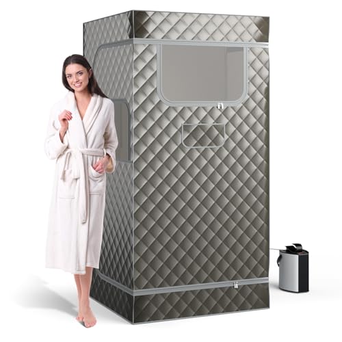 COSTWAY Dampfsauna Heimsauna für Zuhause, Ganzkörpersaunabox mit 3-Liter-Dampfgenerator, Fernbedienung, Fußmassagegerät & Klappstuhl, tragbare Saunazelt 91 x 91 x 183 cm (grau)