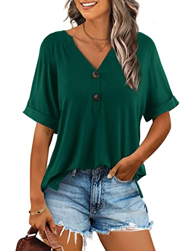 Beluring T Shirt Damen Sommer Kurzarm V-Ausschnitt Top Bequem Einfarbig Oberteile Dunkelgrün M
