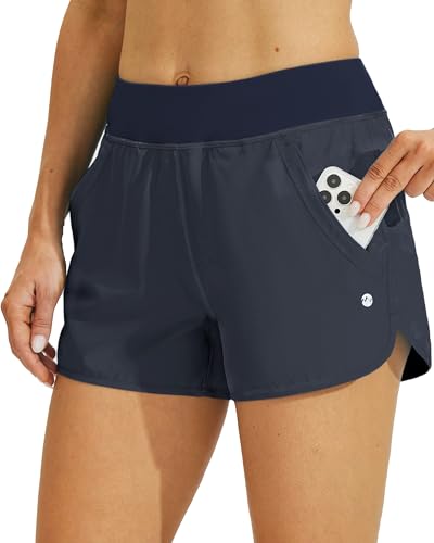 WILLIT Damen 3" Badeshorts Badehose Schwimmen Boardshorts mit Kurzliner Taschen Schnelltrockner UV Schutz Marineblau M