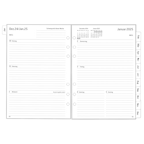 2025 Wochenplaner Einlage A5 6 Löcher, Deutsch, 1 Woche 2 Seiten mit Tabs, Mehr Notizen Kontakt, Jan.2025-Dez.2025, Dick Papier, 100 gsm, Nachfüllpapier für Kalender 2025 Planer