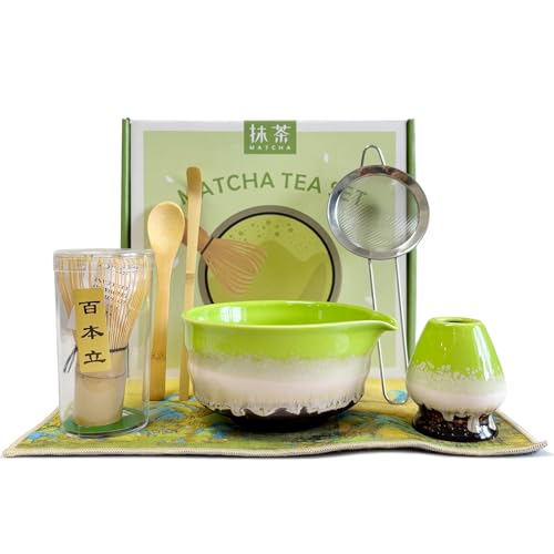 7 Stück Matcha Set mit Matcha Schale mit Auslauf und Matcha Besen, Matcha Besen Set mit Matcha Sieb, Tee-Zieher, Matcha Löffel und Matcha Whisk Halter, Japanisches Matcha Zubehör für Matcha-Liebhaber
