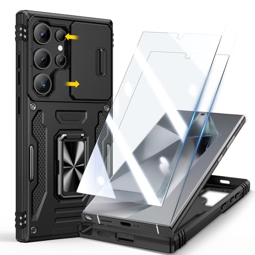 Doeshine Hülle für Samsung Galaxy S24 Ultra, Handyhülle mit 2 Stück Displayschutzfolie & Kameraschutz, Magnetisch Ring Ständer, Robust Fallschutz Outdoor Militär Schutzhülle Galaxy S24 Ultra (Schwarz)